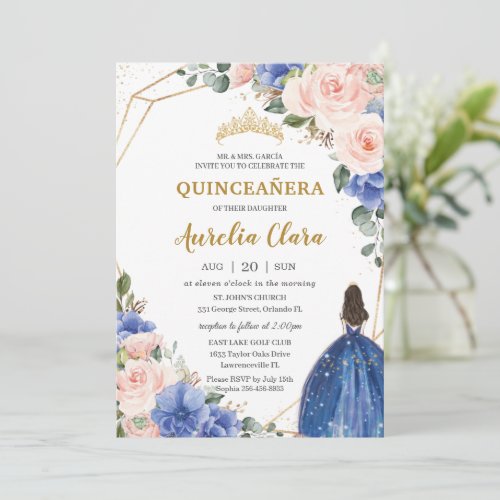 Quinceaera Royal Blue Blush Floral Gold Princess  Invitation
