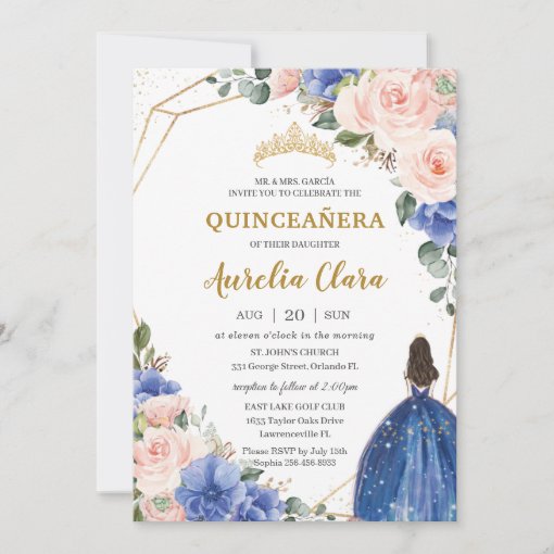 Quinceañera Royal Blue Blush Floral Gold Princess Invitation | Zazzle