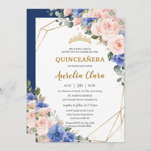 Quinceaera Royal Blue Blush Floral Gold Tiara Invitation