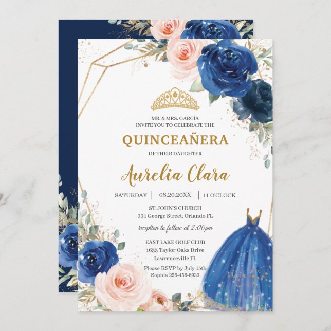 Quinceañera Royal Blue Blush Floral Rose Ball Gown Invitation (Front/Back)