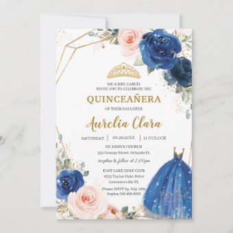 Quinceañera Royal Blue Blush Floral Rose Ball Gown Invitation | Zazzle