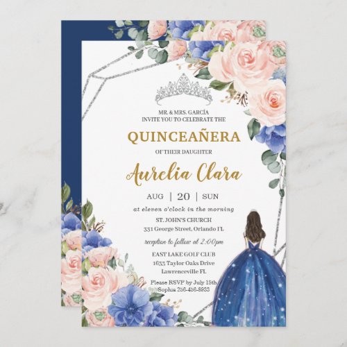 Quinceaera Royal Blue Blush Floral Silver Tiara Invitation