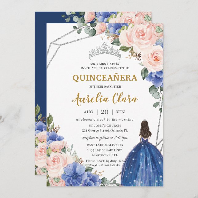 Quinceañera Royal Blue Blush Floral Silver Tiara Invitation (Front/Back)