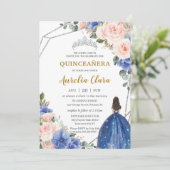Quinceañera Royal Blue Blush Floral Silver Tiara Invitation (Standing Front)