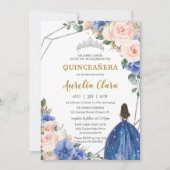 Quinceañera Royal Blue Blush Floral Silver Tiara Invitation (Front)
