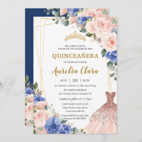 Quinceaera Royal Blue Blush Floral Tiara Dress Invitation