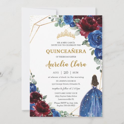 Quinceaera Royal Blue Burgundy Floral Princess Invitation