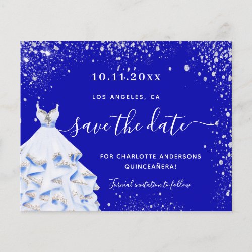 Quinceanera royal blue dress budget save the date flyer