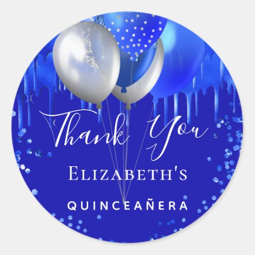 Quinceanera royal blue drips name thank you classic round sticker