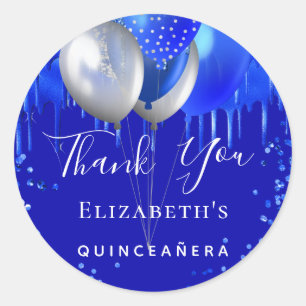 Quinceanera royal blue drips name thank you classic round sticker