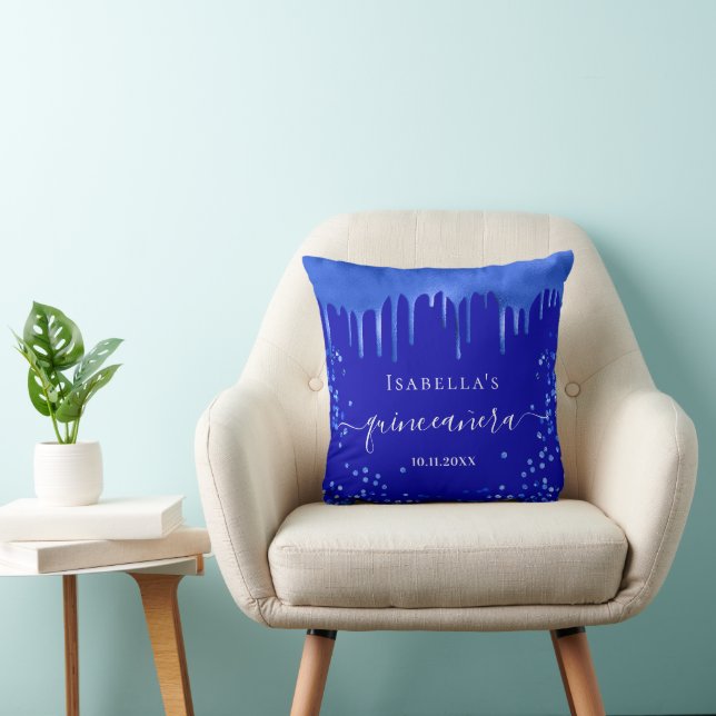 Quinceanera royal blue drips name throw pillow (Chair)