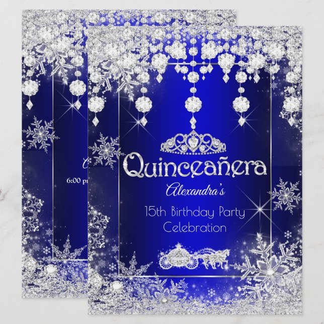 Quinceanera Royal Blue Fairytale Winter Wonderland Invitation (Front/Back)