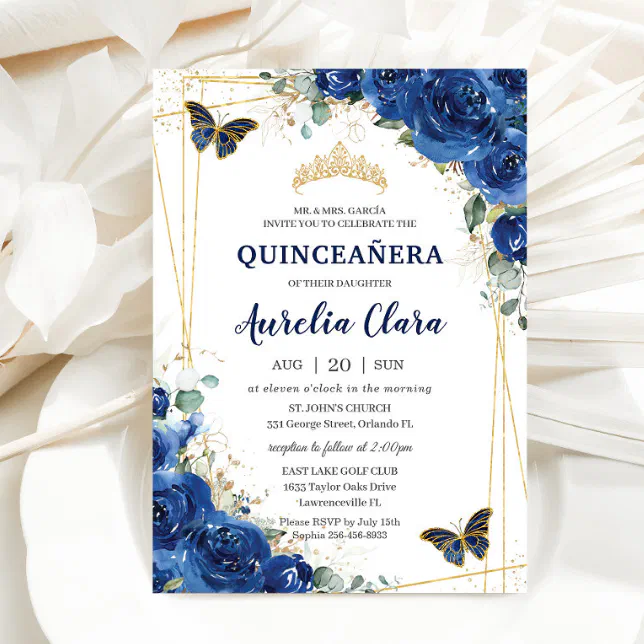 Quinceañera Royal Blue Floral Butterflies Birthday Invitation | Zazzle