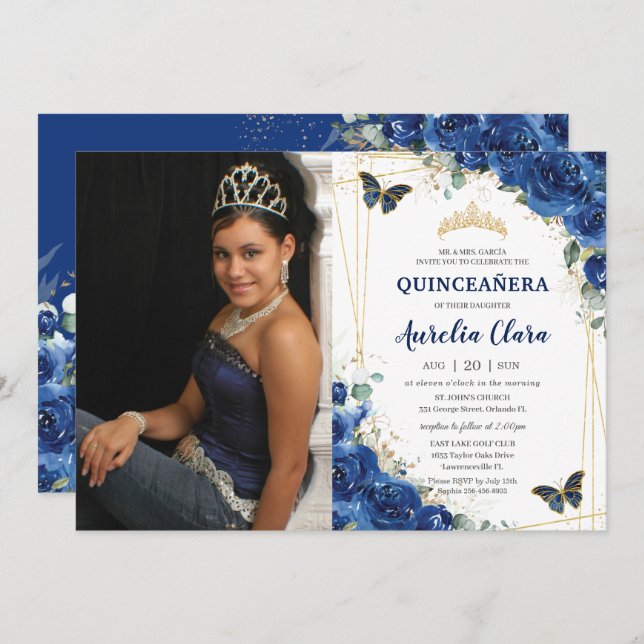 Quinceañera Royal Blue Floral Butterflies Birthday Invitation (Front/Back)