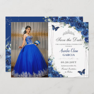 Quinceañera Royal Blue Floral Butterflies Birthday Save The Date