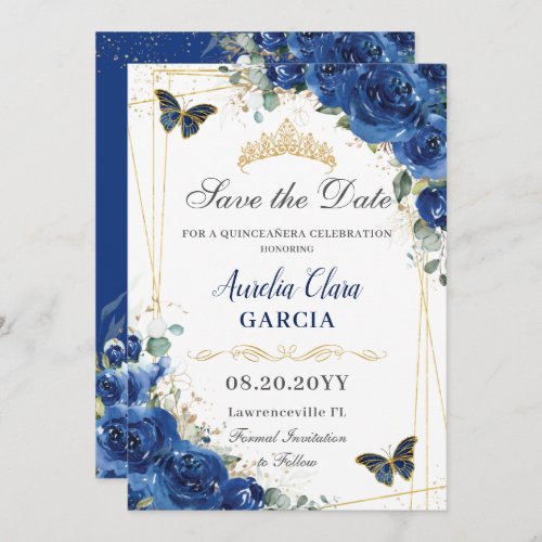 Quinceaera Royal Blue Floral Butterflies Birthday Save The Date