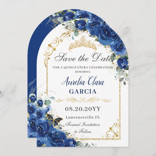 Quincea&#241;era Royal Blue Floral Butterflies Birthday Save The Date