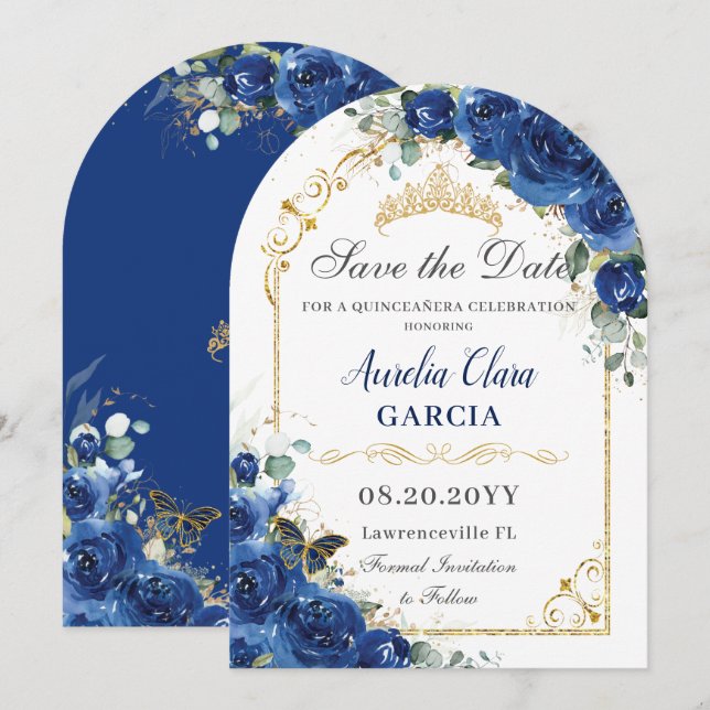 Quinceañera Royal Blue Floral Butterflies Birthday Save The Date (Front/Back)