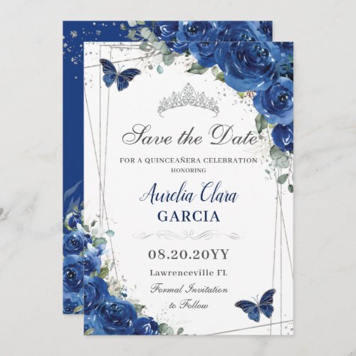 Quinceaera Royal Blue Floral Butterflies Birthday Save The Date