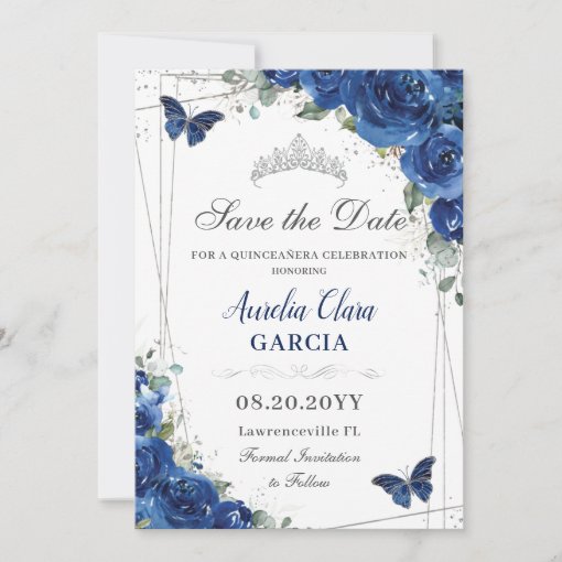 Quinceañera Royal Blue Floral Butterflies Birthday Save The Date | Zazzle