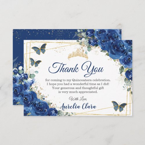 Quinceaera Royal Blue Floral Butterflies Birthday Thank You Card