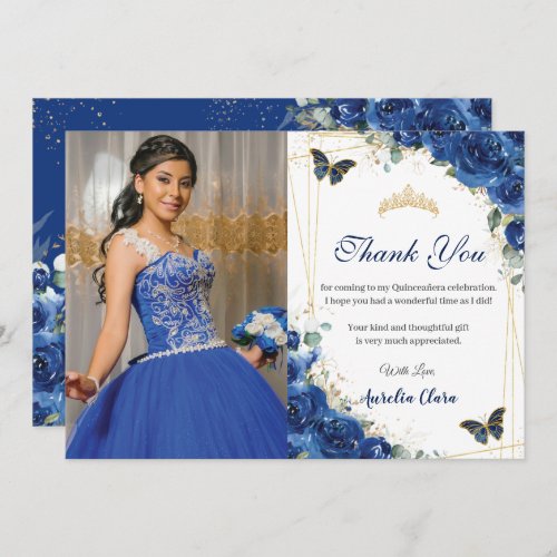 Quinceaera Royal Blue Floral Butterflies Birthday Thank You Card