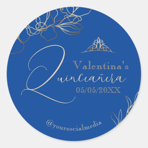 Quinceaera Royal Blue Floral Classic Round Sticker