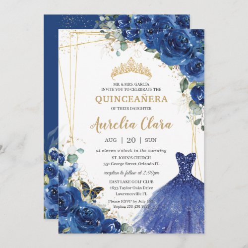 Quinceaera Royal Blue Floral Dress 16th Birthday Invitation