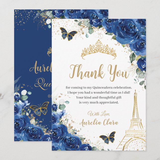 Quinceañera Royal Blue Floral Eiffel 16th Birthday Thank You Card (Front/Back)