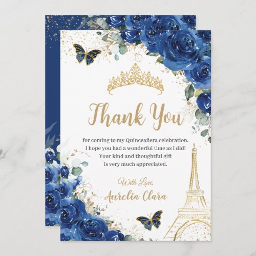 Quinceaera Royal Blue Floral Eiffel 16th Birthday Thank You Card
