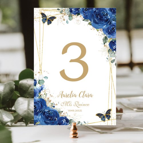 Quinceaera Royal Blue Floral Gold Butterflies Table Number