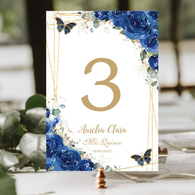 Quinceañera Royal Blue Floral Gold Butterflies Table Number (Creator Uploaded)