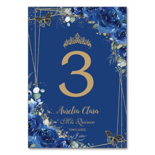Quinceaera Royal Blue Floral Gold Butterflies Table Number