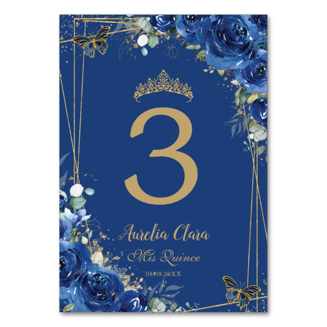 Quinceañera Royal Blue Floral Gold Butterflies Table Number (Back)