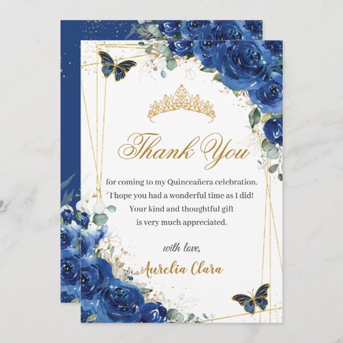 Quinceaera Royal Blue Floral Gold Butterflies Thank You Card