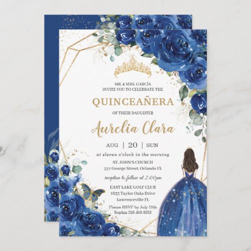 Quinceaera Royal Blue Floral Princess 15 Aos  Invitation