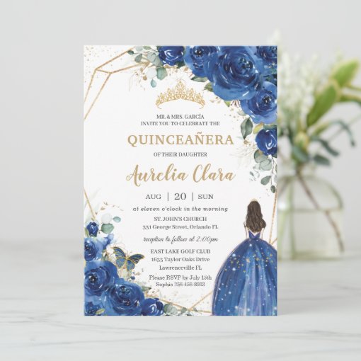 Quinceañera Royal Blue Floral Princess 15 Años Invitation | Zazzle