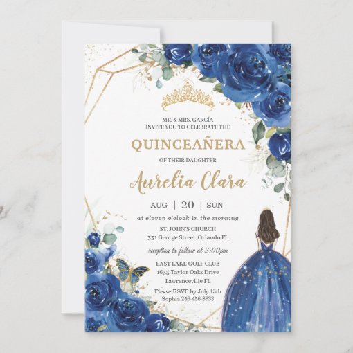 Quinceañera Royal Blue Floral Princess 15 Años Invitation | Zazzle