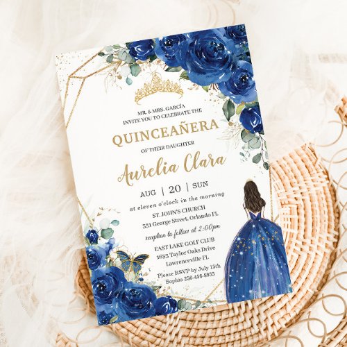 Quinceaera Royal Blue Floral Princess 15 Aos  Invitation