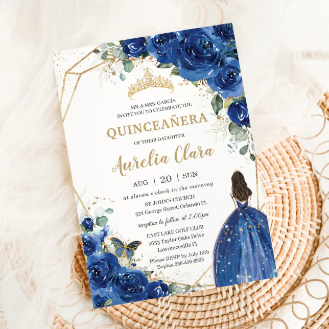 Quinceañera Royal Blue Floral Princess 15 Años Invitation | Zazzle