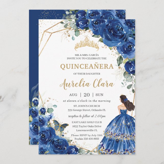 Quinceañera Royal Blue Floral Princess 15 Años  Invitation (Front/Back)