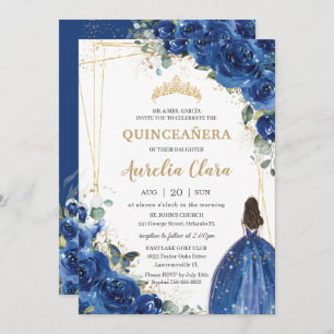 Quinceañera Royal Blue Floral Princess 15 Birthday Invitation