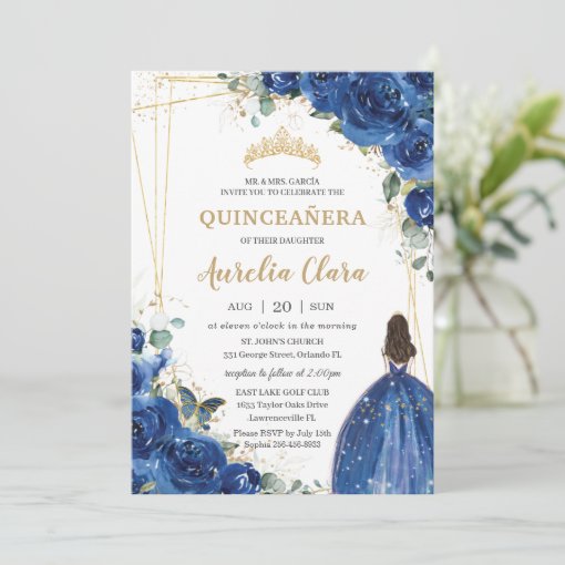 Quinceañera Royal Blue Floral Princess 15 Birthday Invitation | Zazzle