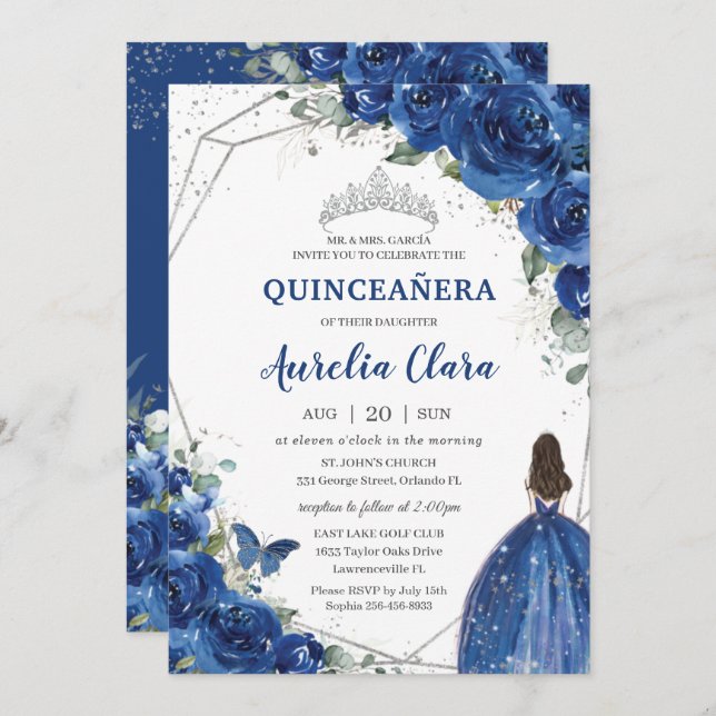 Quinceañera Royal Blue Floral Princess Birthday 15 Invitation (Front/Back)