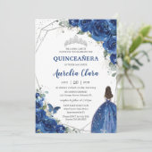 Quinceañera Royal Blue Floral Princess Birthday 15 Invitation (Standing Front)
