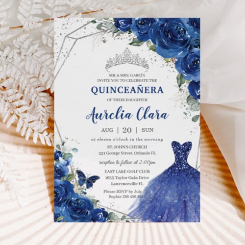 Quinceaera Royal Blue Floral Princess Birthday 15 Invitation