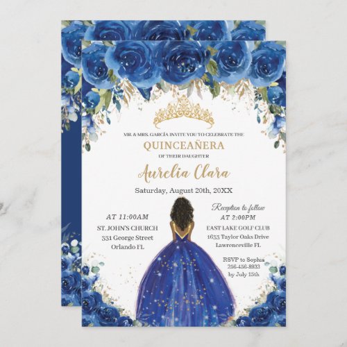 Quinceaera Royal Blue Floral Princess Birthday 16 Invitation