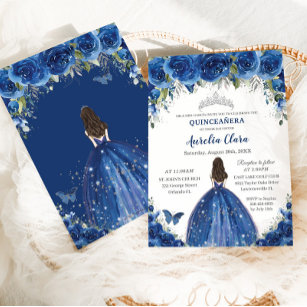 Quinceañera Royal Blue Floral Princess Birthday Invitation