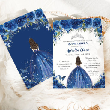 Quinceañera Royal Blue Floral Princess Birthday Invitation