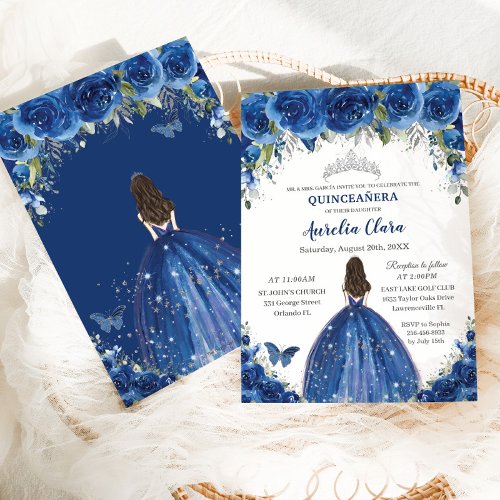 Quinceaera Royal Blue Floral Princess Birthday Invitation